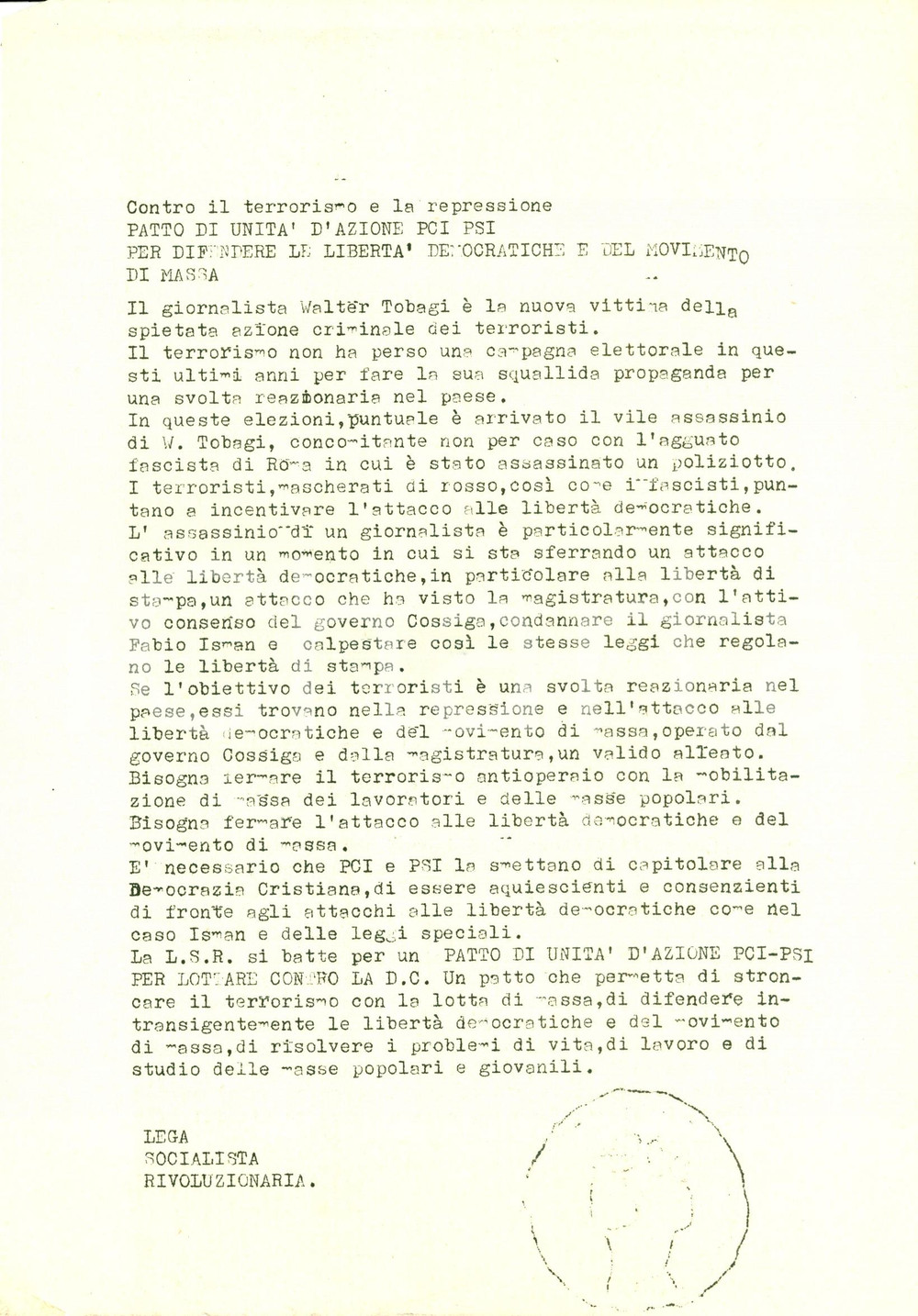 Materiale pubblicitario d’epoca 1980 LEGA SOCIALISTA RIVOLUZIONARIA Uniti vs assassinio Walter TOBAGI Volantino 1