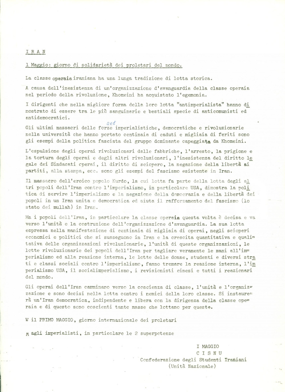 Materiale pubblicitario d’epoca 1980 ca CISNU Confederazione Studenti IRAN  Primo Maggio vs Imperialisti 1