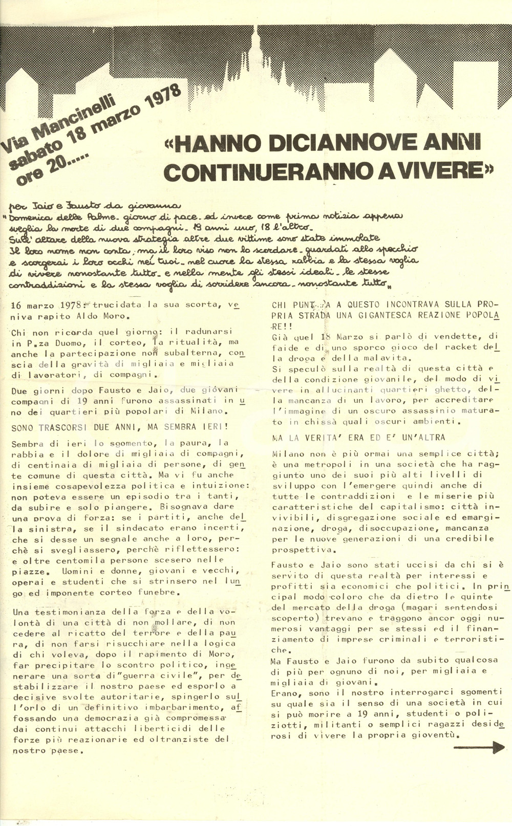 Materiale pubblicitario d’epoca 1980 DEMOCRAZIA PROLETARIA Omicidio FAUSTO e IAIO in via MANCINELLI Volantino 1