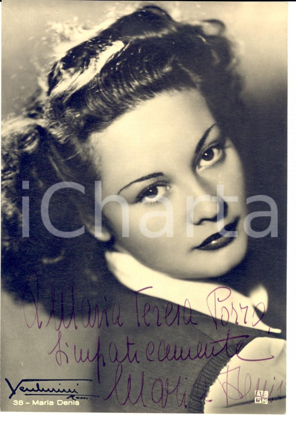 Autografo originale 1940ca Attrice MARIA DENIS autografo originale su fotografia seriale 1