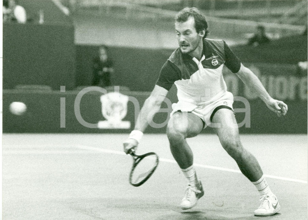 Fotografia d epoca originale 1980 ca TENNIS Ritratto campione Sandy MAYER durante un servizio Fotografia 1