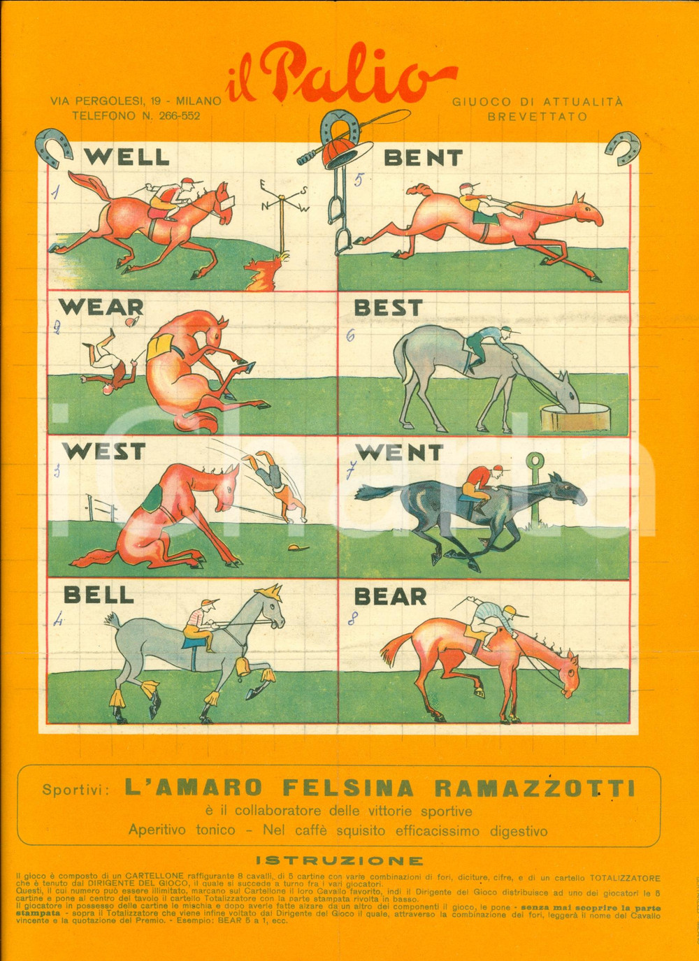 Materiale pubblicitario d’epoca 1945 ca MILANO Locandina PALIO gioco ippico Amaro FELSINA RAMAZZOTTI 23x30 cm 1