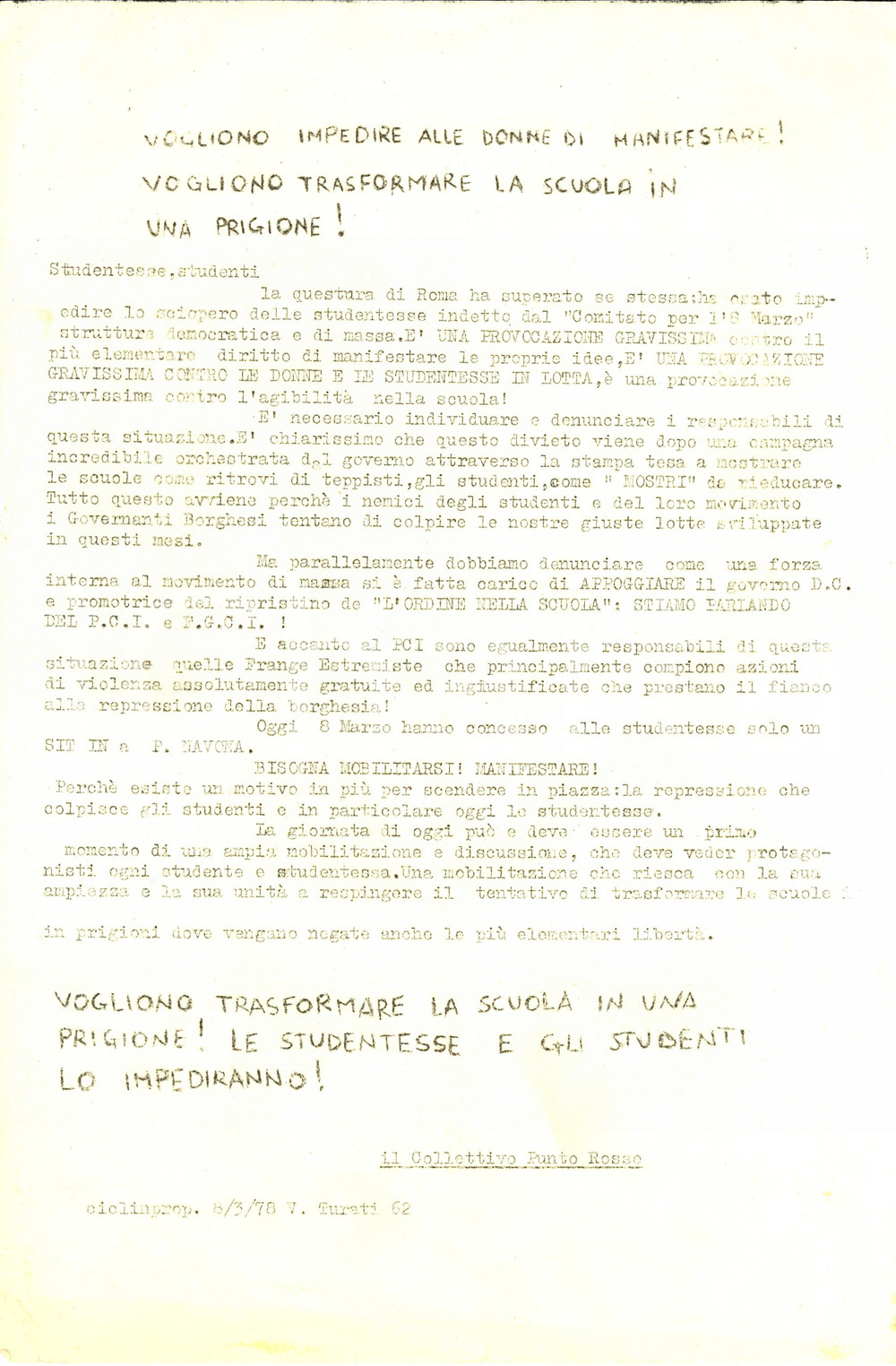 Materiale pubblicitario d’epoca 1978 MILANO Collettivo PUNTO ROSSO Studentesse contro repressione CONTROCULTURA 1