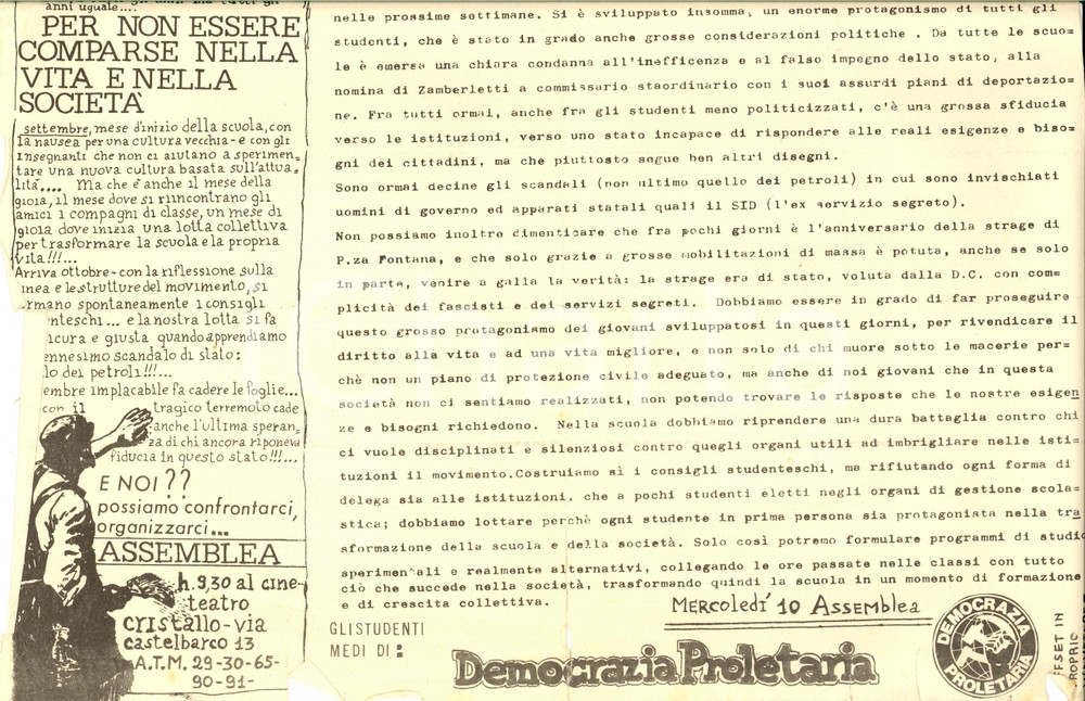 Materiale pubblicitario d’epoca 1980 MILANO DEMOCRAZIA PROLETARIA Terremoto Irpinia e piazza Fontana PROPAGANDA 1
