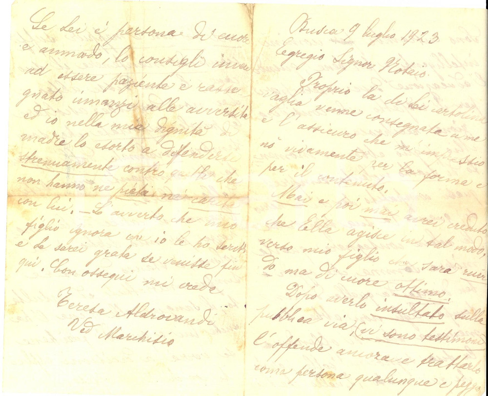 Manoscritto, lettera originale 1923 BUSCA CN MARCHISIO aggredisce la signorina del notaio  Lettera 1
