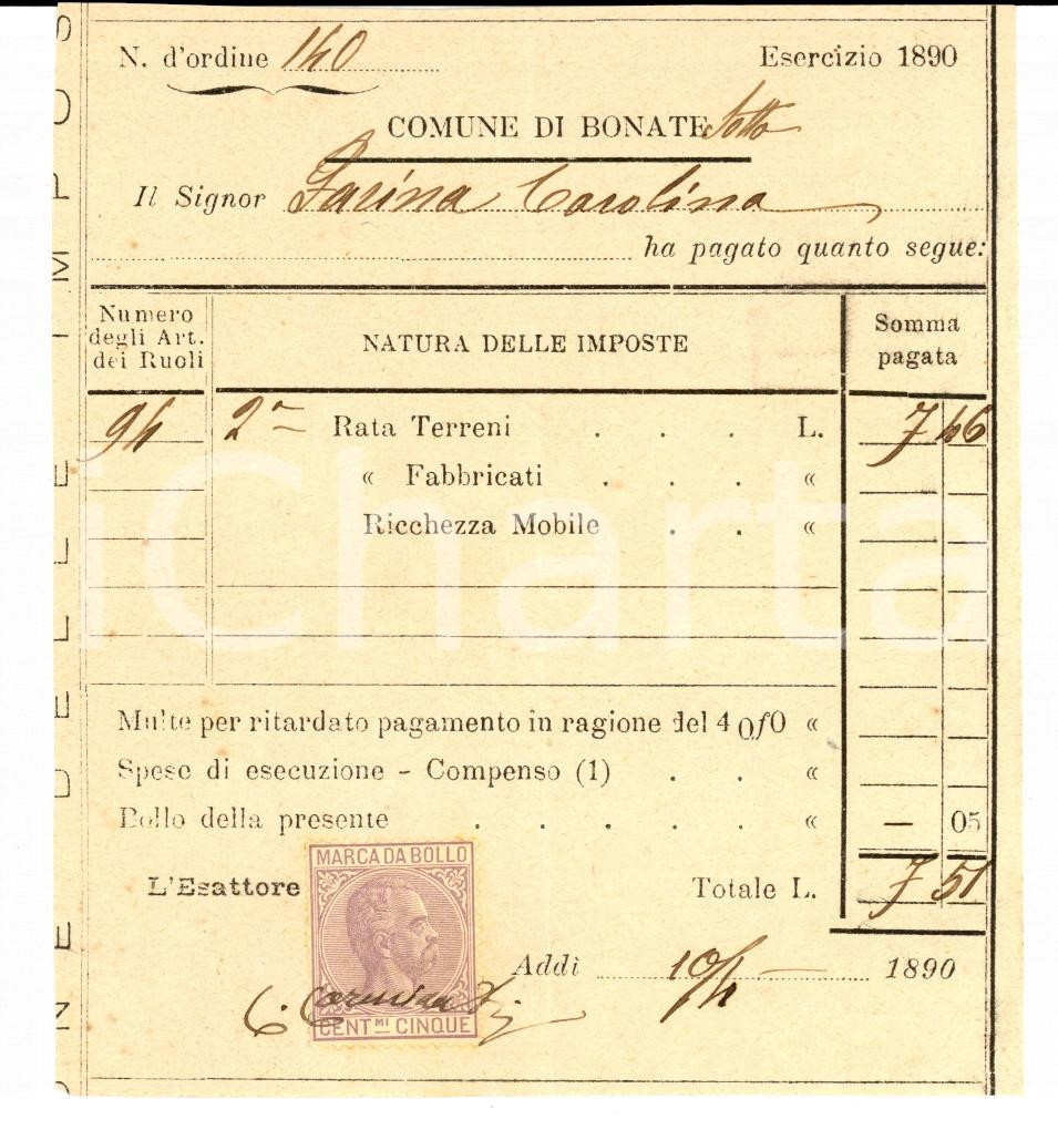 Documento originale, autentico 1890 BONATE SOTTO BG Censi su terreni di Carolina FARINA 1