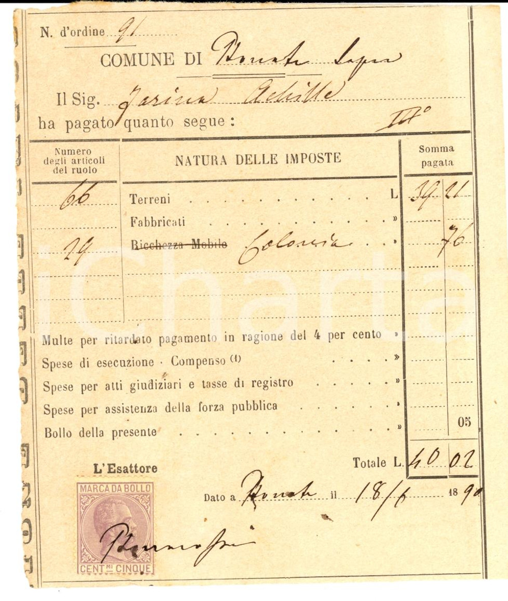 Documento originale, autentico 1890 BONATE SOPRA BG Censi su terreni di Achille FARINA 1