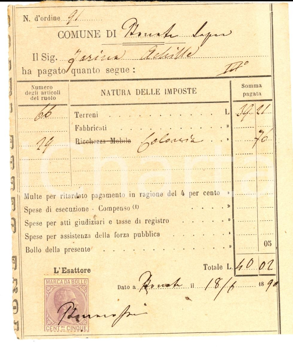 Documento originale, autentico 1890 BONATE SOPRA BG Censi su terreni di Achille FARINA 1