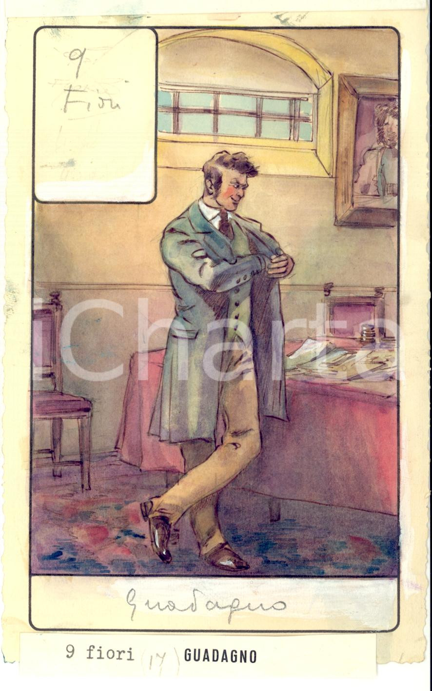 Stampa, bozzetto originale 1946 TAROCCHI Carta divinatoria originale olio su carta ENRICO SACCHI 9 fiori 1