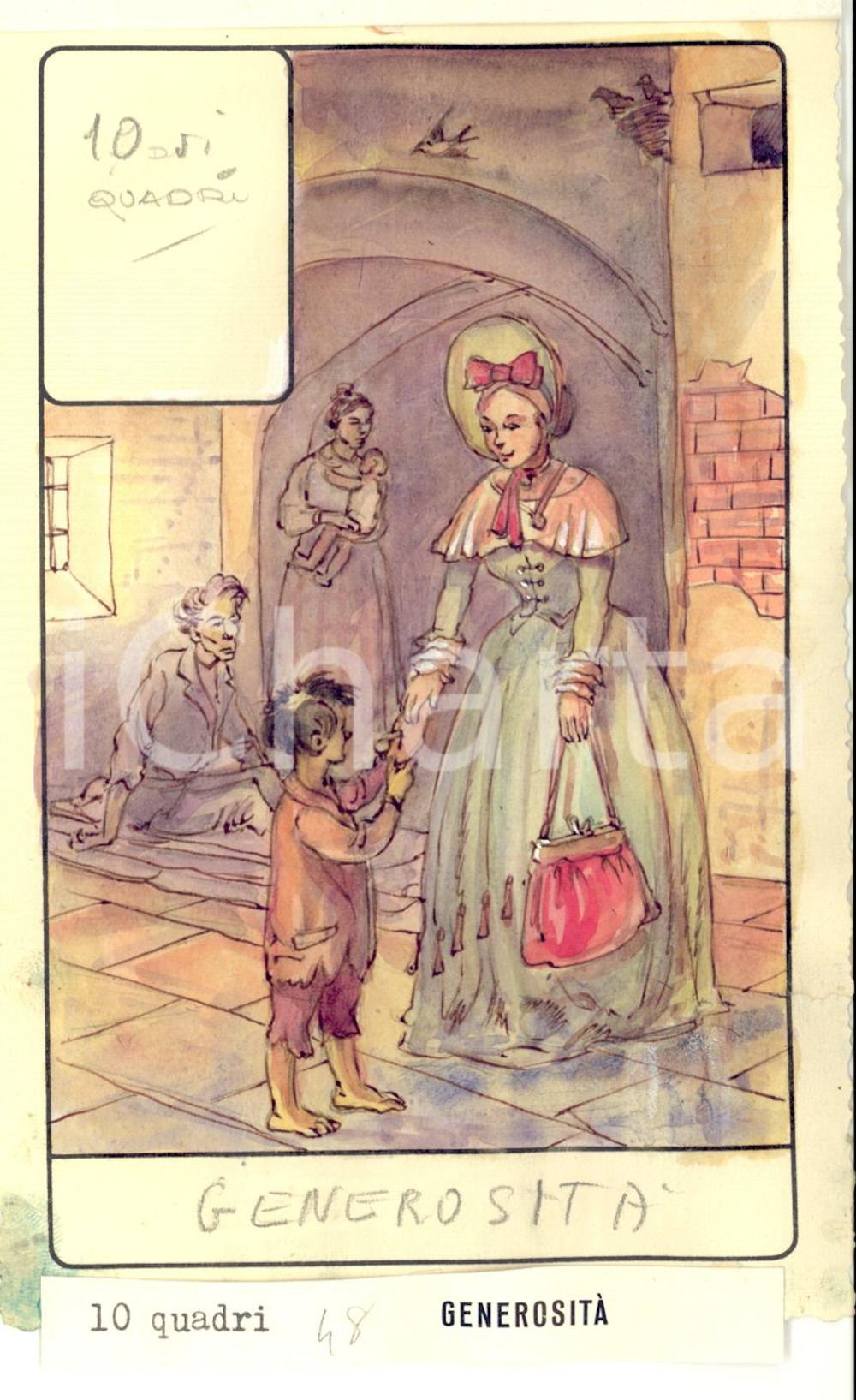 Stampa, bozzetto originale 1946 TAROCCHI Carta divinatoria originale olio su carta ENRICO SACCHI 10 quadri 1