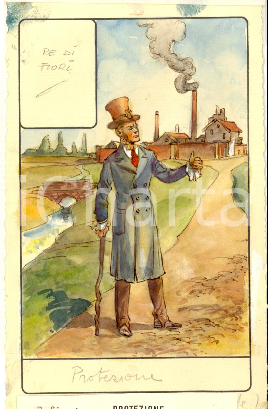 Stampa, bozzetto originale 1946 TAROCCHI Carta divinatoria originale olio su carta ENRICO SACCHI Re fiori 1