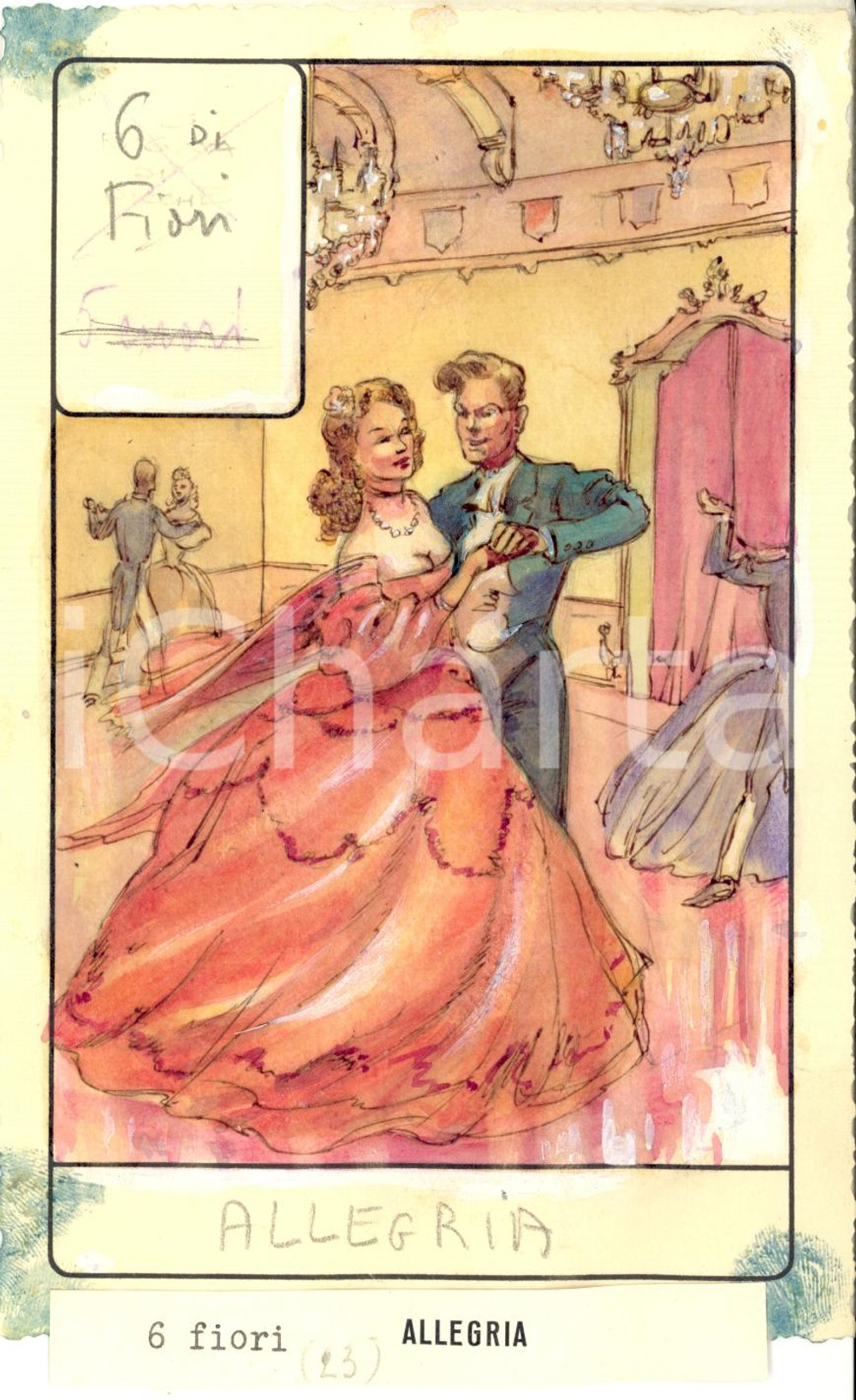 Stampa, bozzetto originale 1946 TAROCCHI Carta divinatoria originale olio su carta ENRICO SACCHI 6 fiori 1