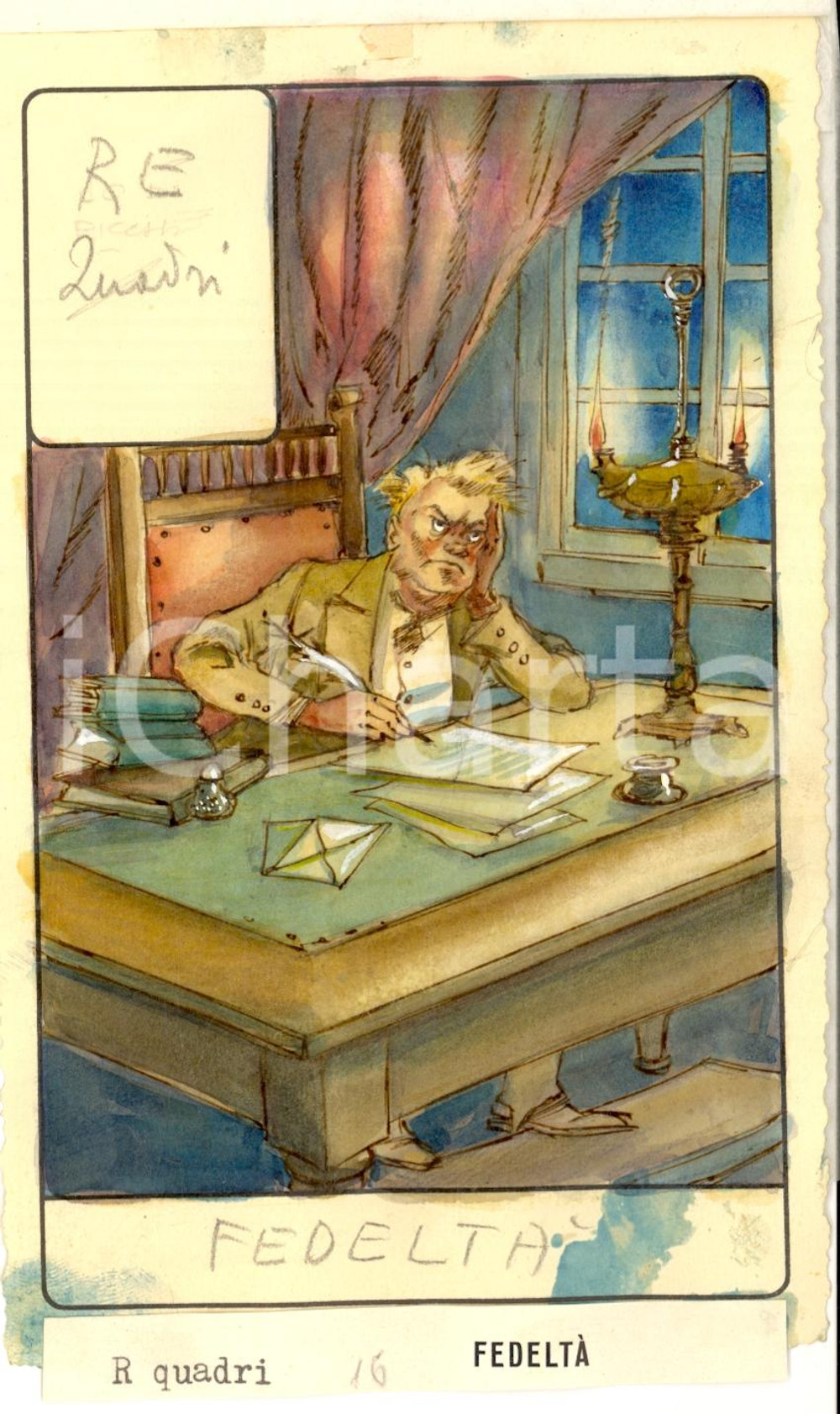 Stampa, bozzetto originale 1946 TAROCCHI Carta divinatoria originale olio su carta ENRICO SACCHI Re quadri 1