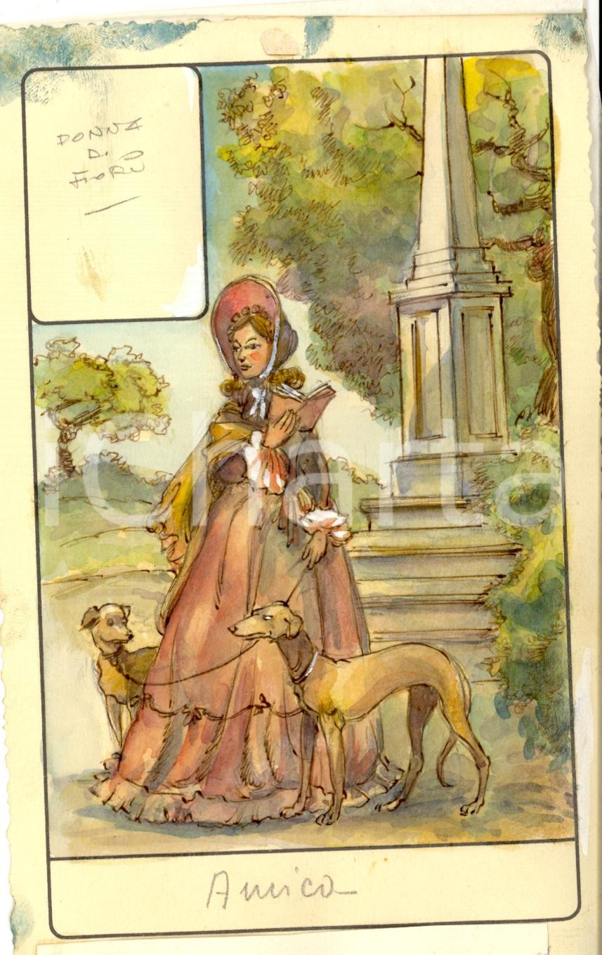 Stampa, bozzetto originale 1946 TAROCCHI Carta divinatoria originale olio su carta ENRICO SACCHI Q fiori 1