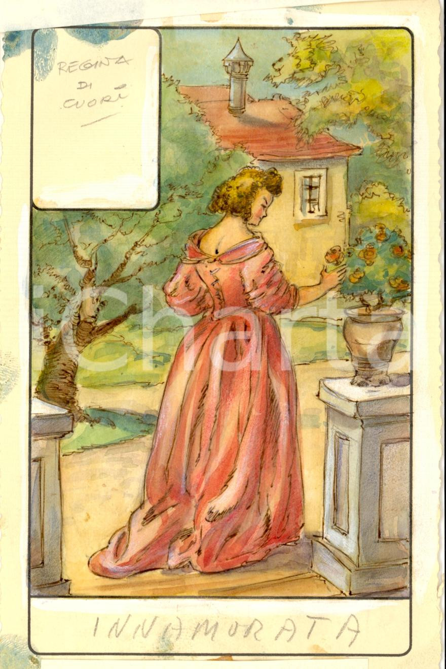 Stampa, bozzetto originale 1946 TAROCCHI Carta divinatoria originale olio su carta ENRICO SACCHI Q cuori 1