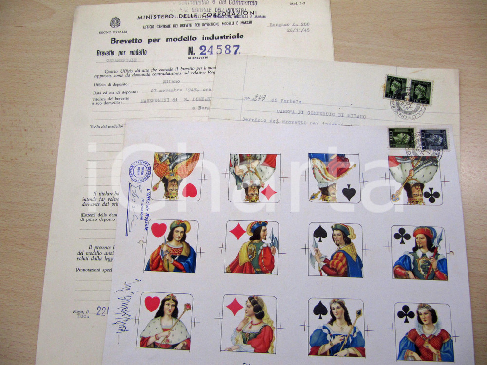 Documento originale, autentico 1946 BERGAMO Brevetto ditta MASENGHINI carte da gioco lombarde RARO 1