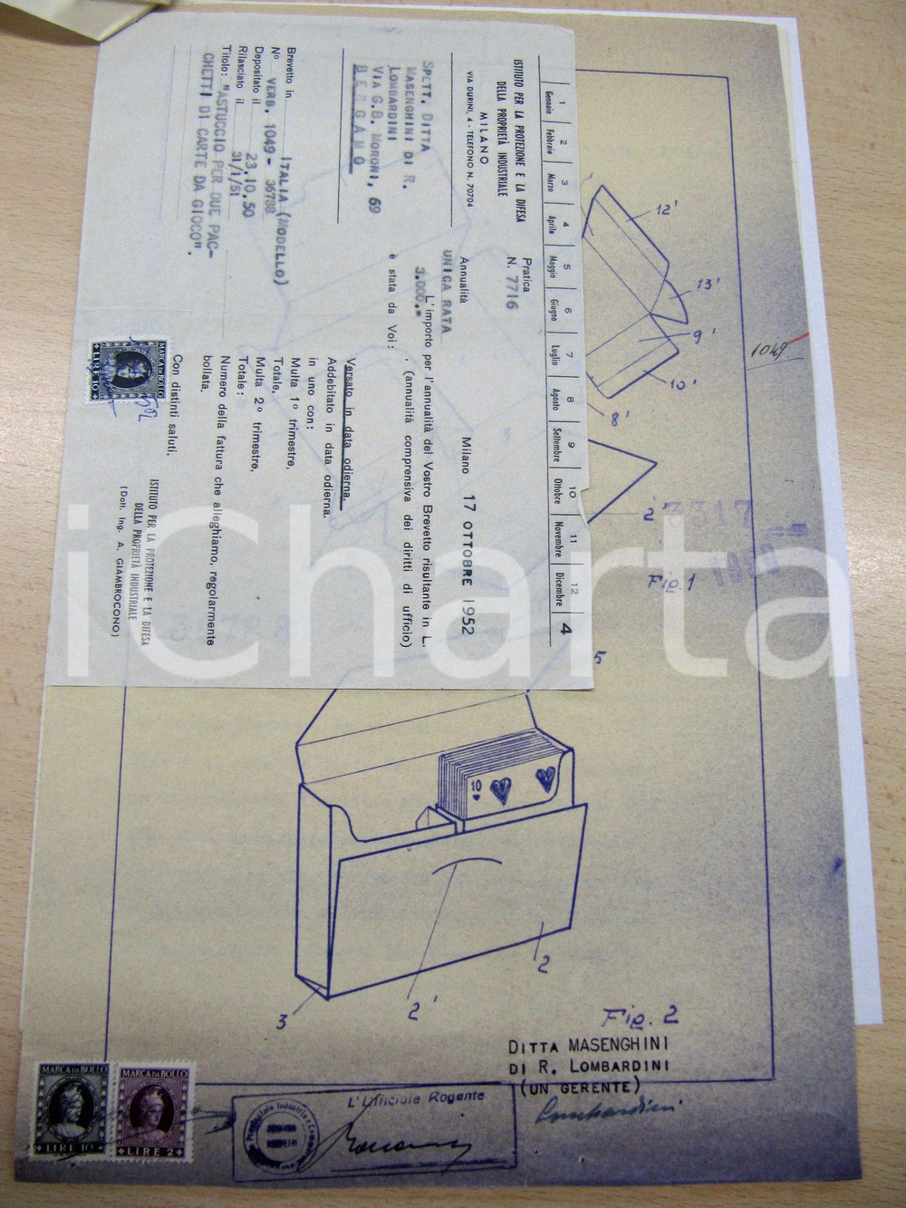 Documento originale, autentico 1951 BERGAMO Brevetto ditta MASENGHINI astuccio per carte da gioco RARO 1