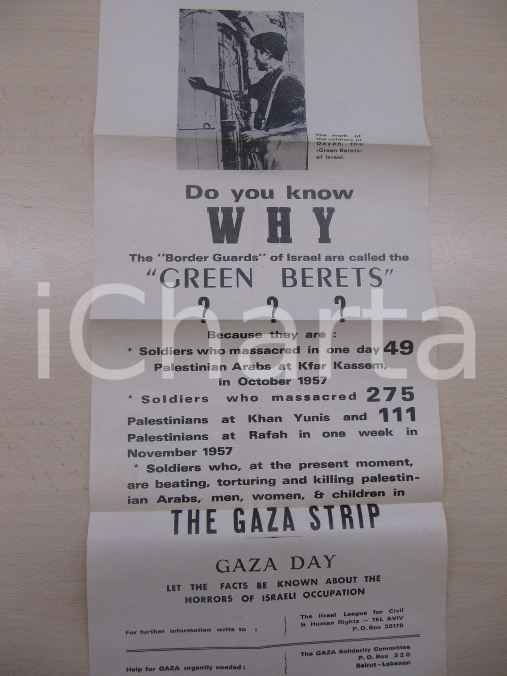 Documento originale, autentico 1957 ISRAEL is torturing palestinian Arabs in the GAZA STRIP Manifesto 23x50 1