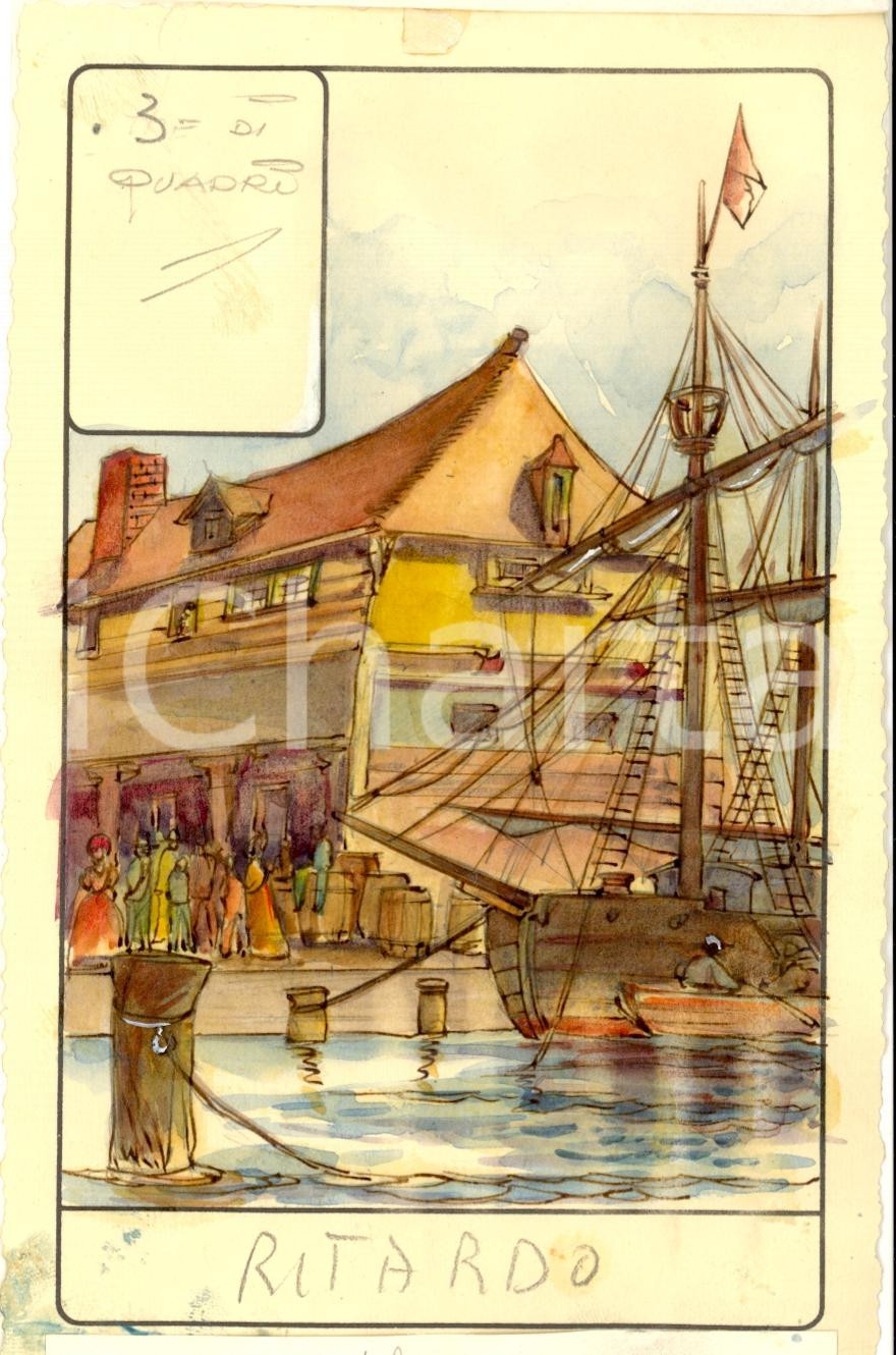 Stampa, bozzetto originale 1946 TAROCCHI Carta divinatoria originale olio su carta ENRICO SACCHI ritardo 1