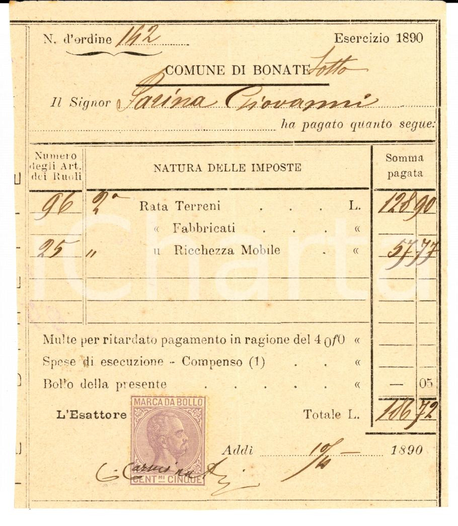 Documento originale, autentico 1890 BONATE SOTTO BG Censi su terreni di Giovanni FARINA 1