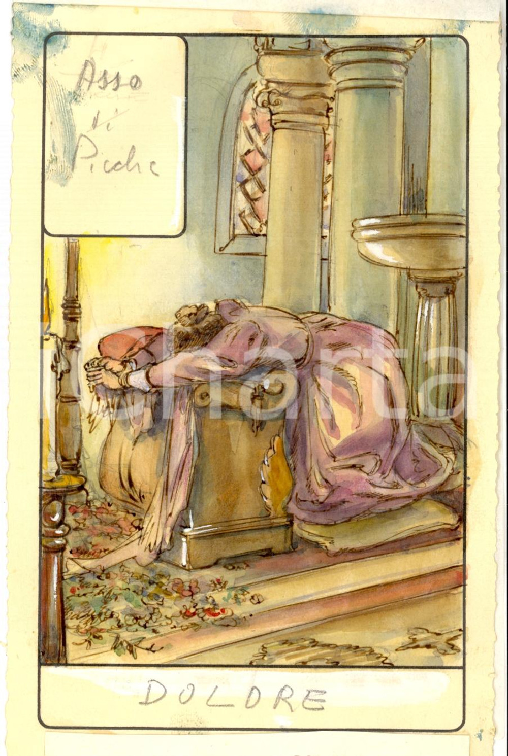 Stampa, bozzetto originale 1946 TAROCCHI Carta divinatoria originale olio su carta ENRICO SACCHI A picche 1