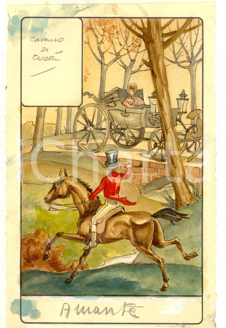 Stampa, bozzetto originale 1946 TAROCCHI Carta divinatoria originale olio su carta ENRICO SACCHI amante 1