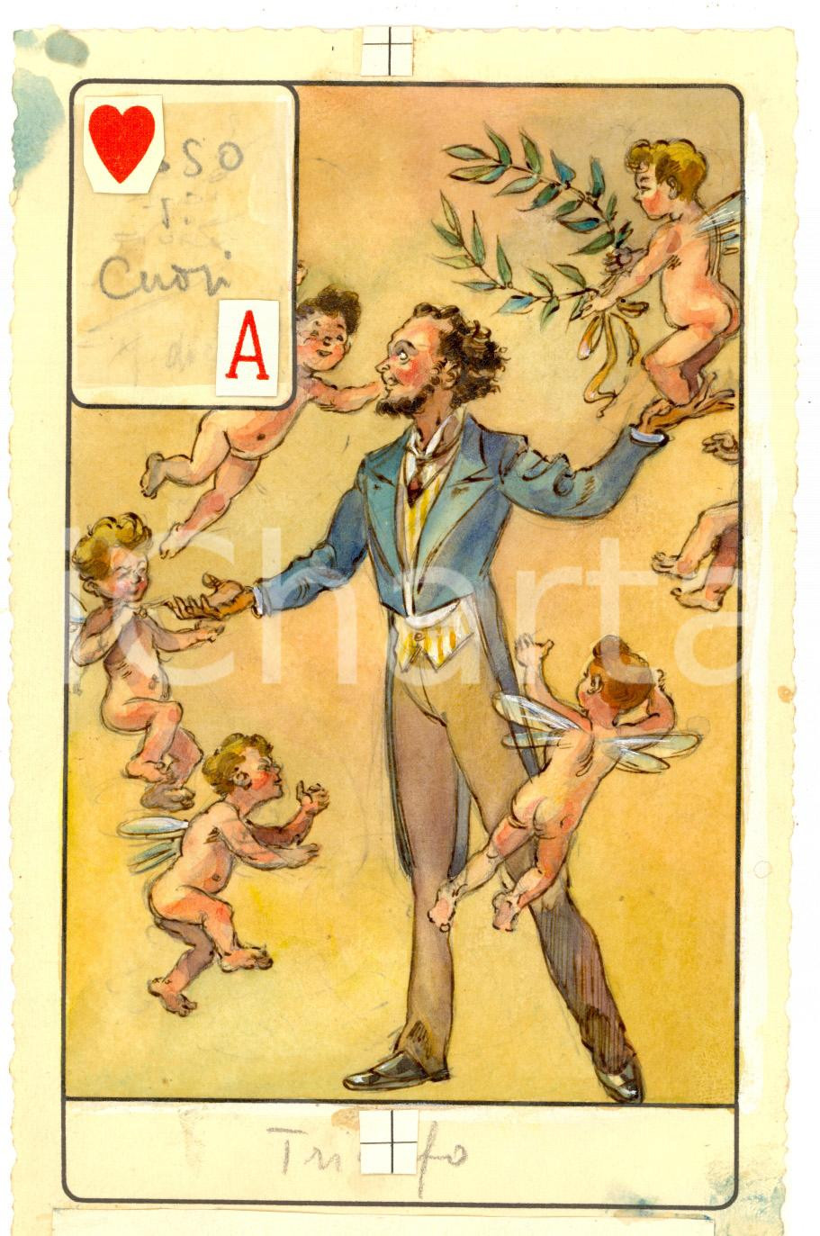 Stampa, bozzetto originale 1946 TAROCCHI Carta divinatoria originale olio su carta ENRICO SACCHI A cuori 1