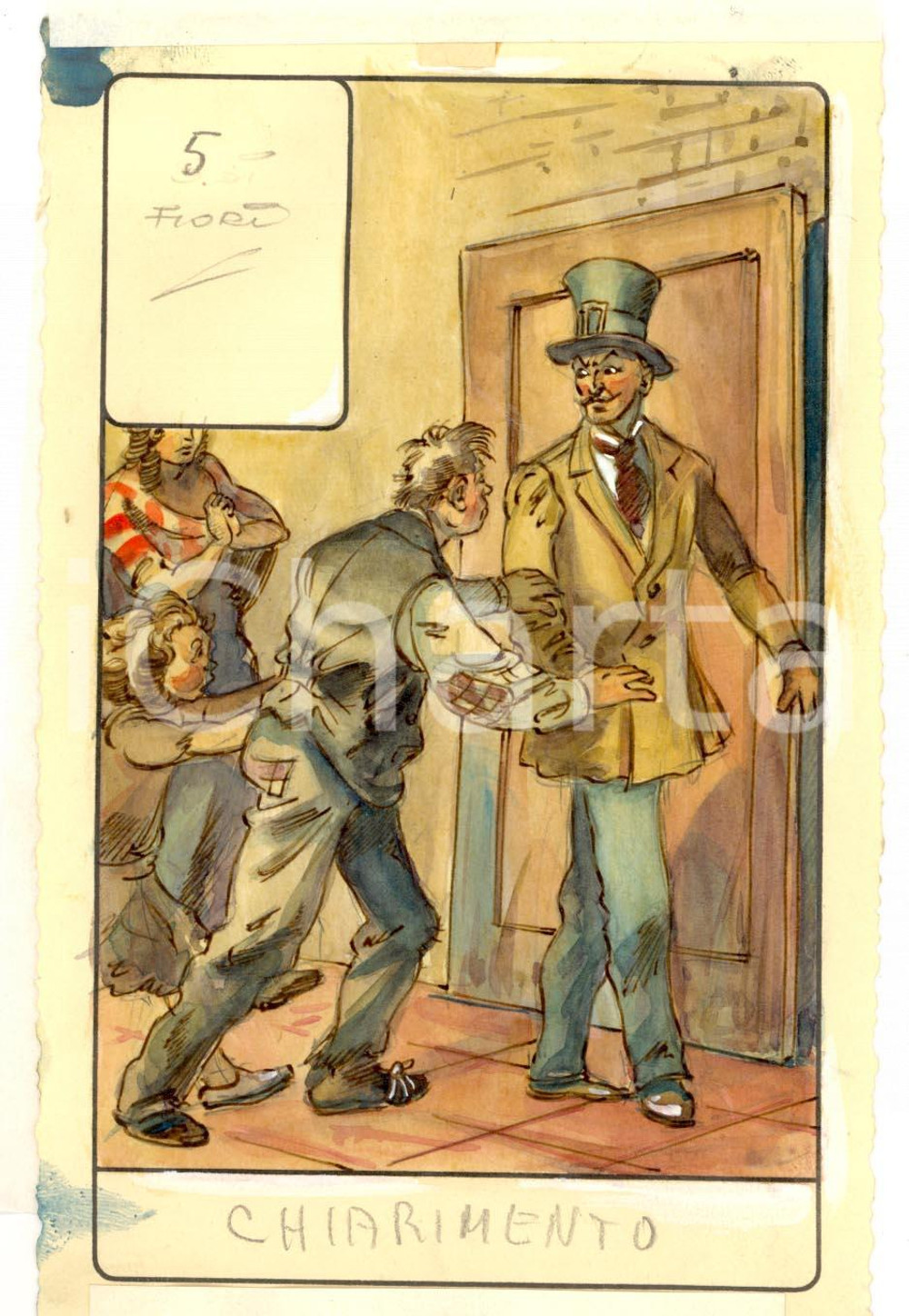 Stampa, bozzetto originale 1946 TAROCCHI Carta divinatoria originale olio su carta ENRICO SACCHI 5 fiori 1