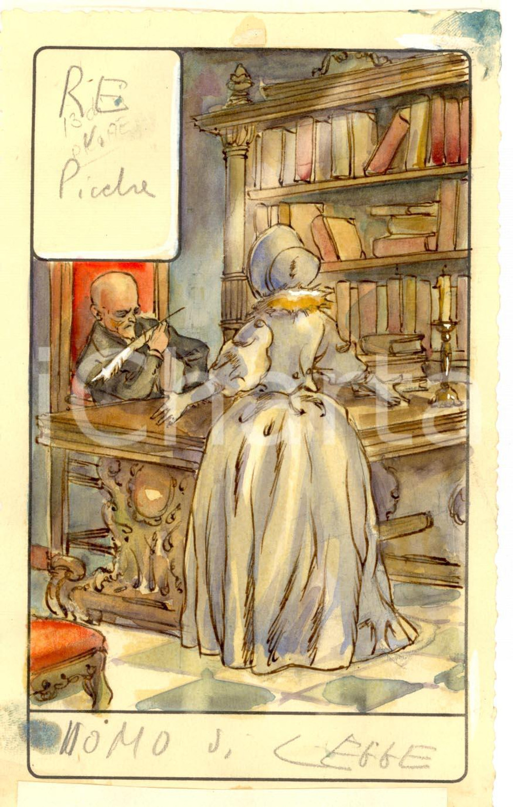 Stampa, bozzetto originale 1946 TAROCCHI Carta divinatoria originale olio su carta ENRICO SACCHI Re picche 1