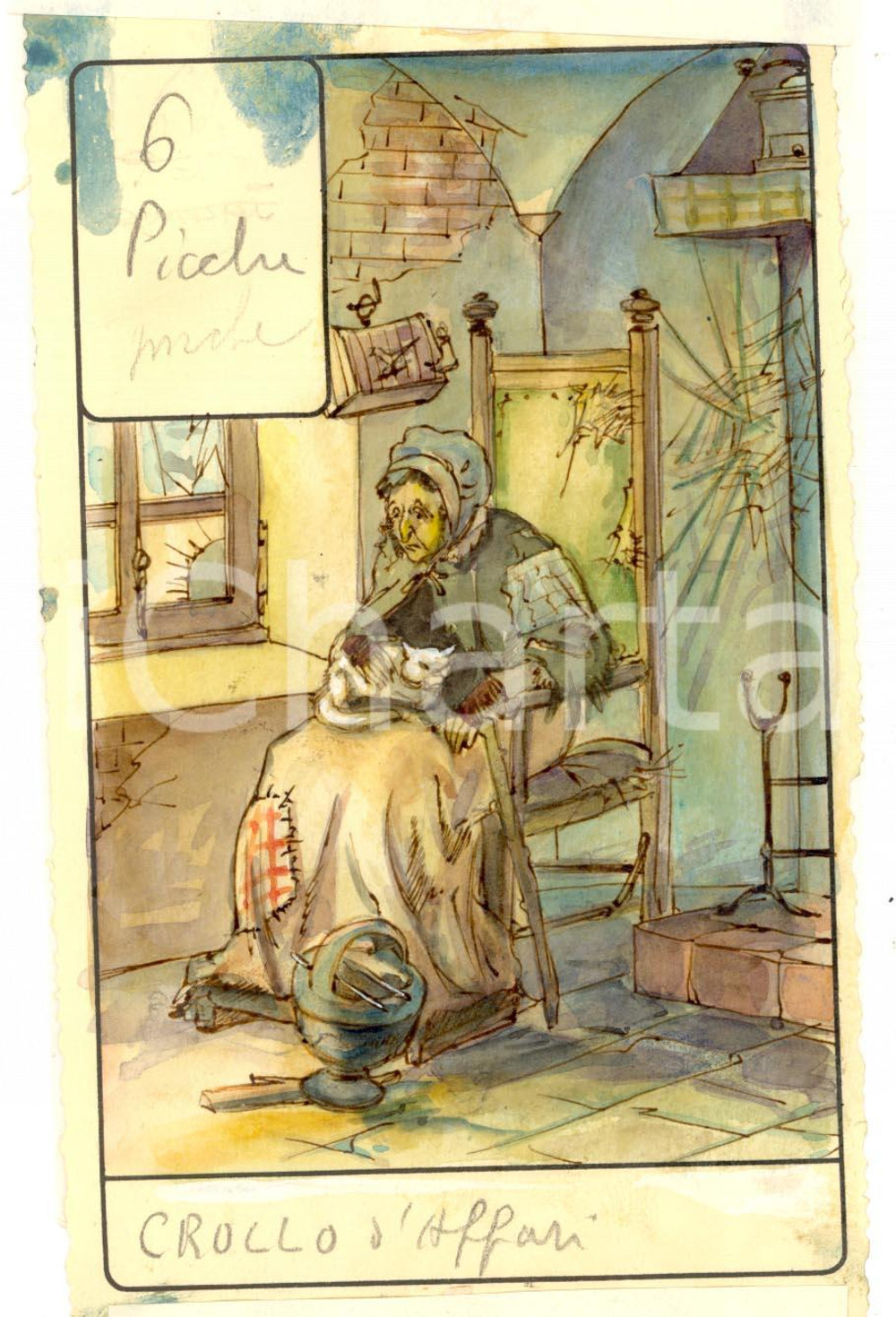 Stampa, bozzetto originale 1946 TAROCCHI Carta divinatoria originale olio su carta ENRICO SACCHI 6 picche 1