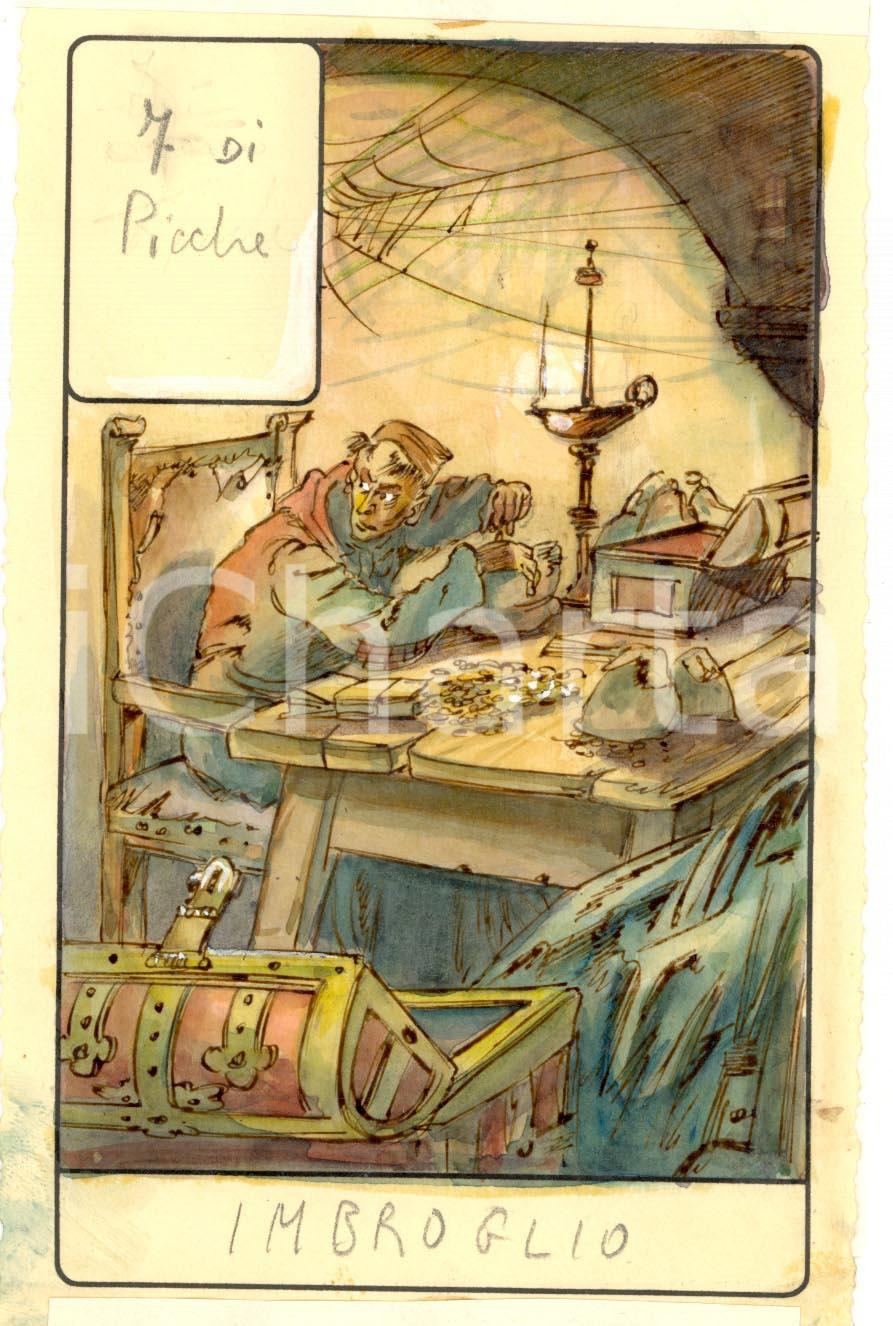 Stampa, bozzetto originale 1946 TAROCCHI Carta divinatoria originale olio su carta ENRICO SACCHI 7 picche 1