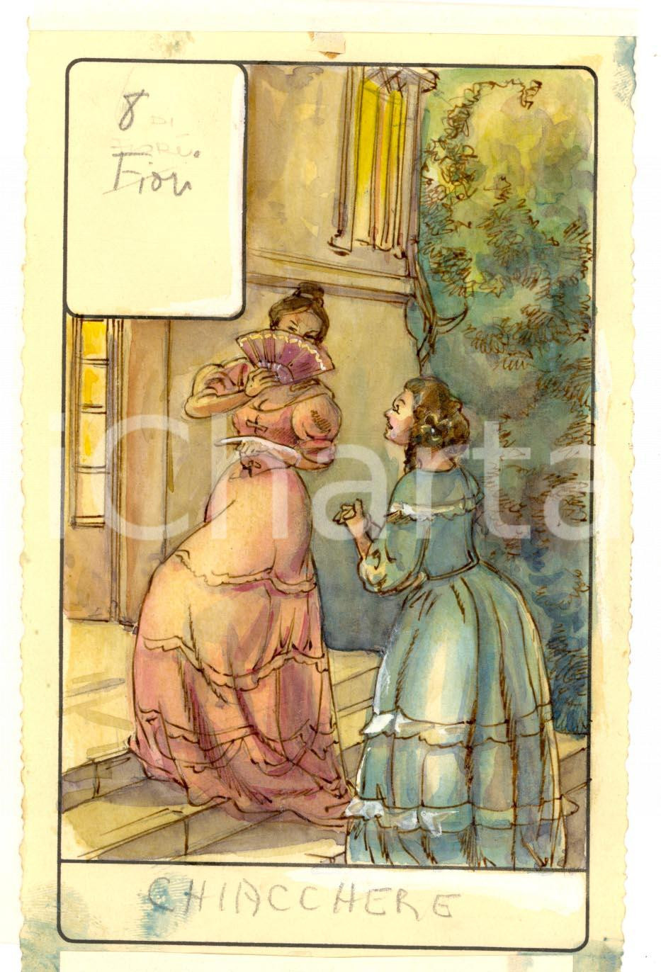 Stampa, bozzetto originale 1946 TAROCCHI Carta divinatoria originale olio su carta ENRICO SACCHI 8 fiori 1