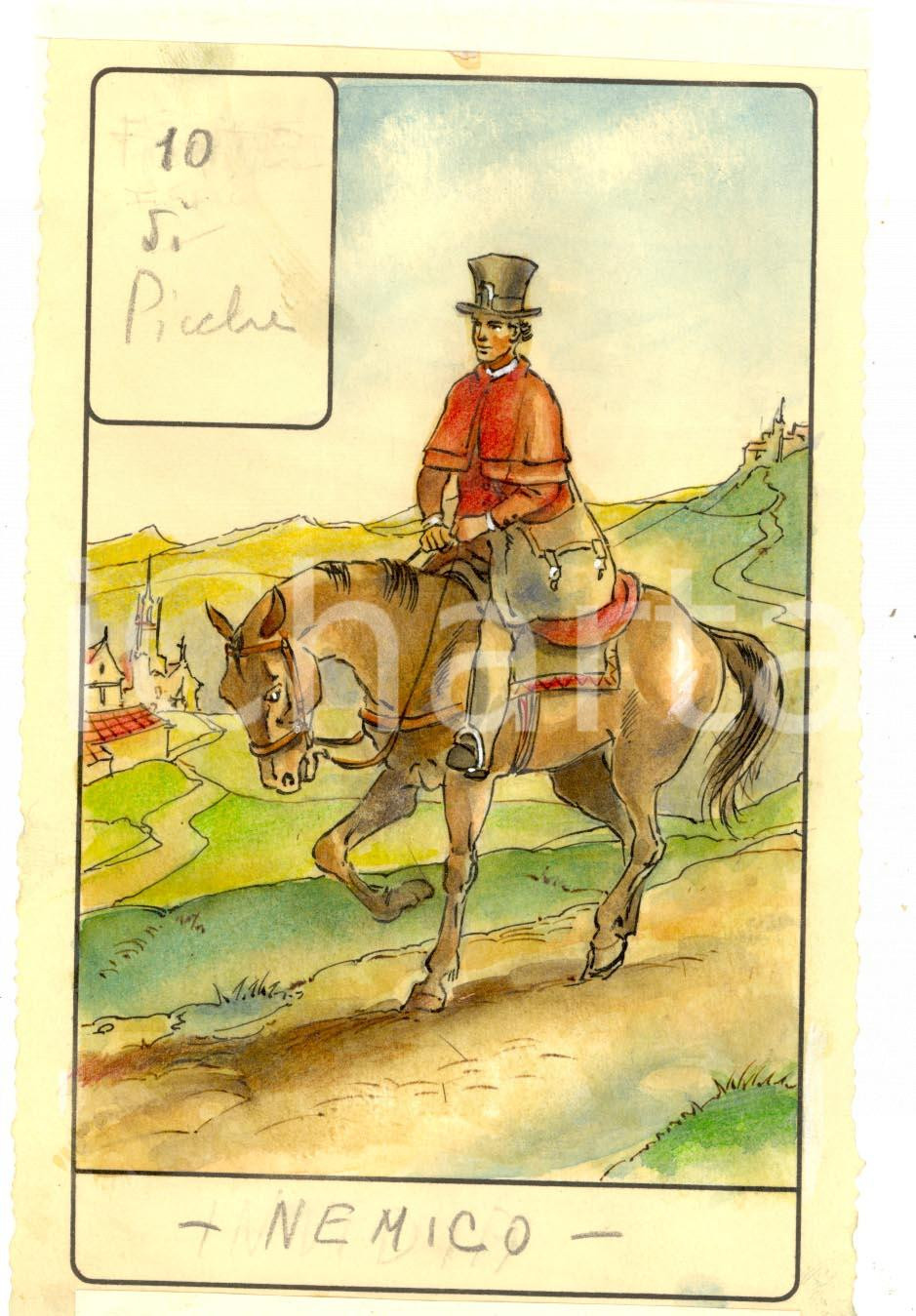 Stampa, bozzetto originale 1946 TAROCCHI Carta divinatoria originale olio su carta ENRICO SACCHI 10 picche 1