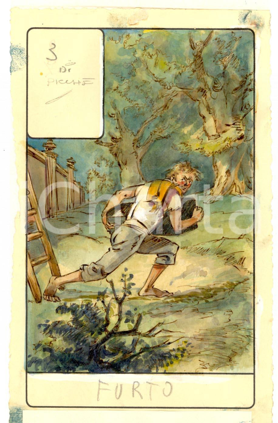 Stampa, bozzetto originale 1946 TAROCCHI Carta divinatoria originale olio su carta ENRICO SACCHI 3 picche 1