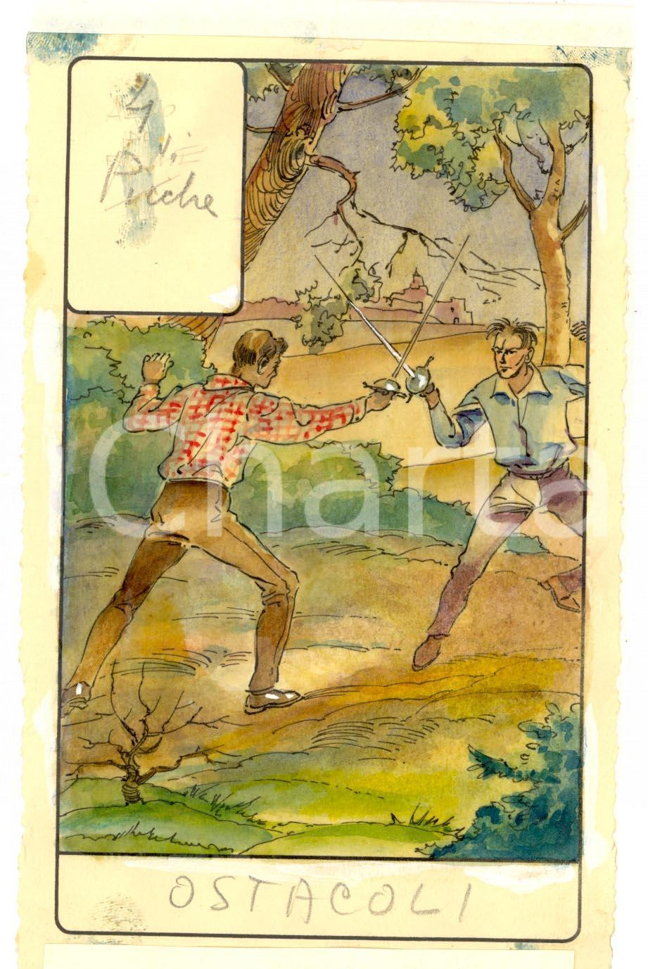 Stampa, bozzetto originale 1946 TAROCCHI Carta divinatoria originale olio su carta ENRICO SACCHI 4 picche 1