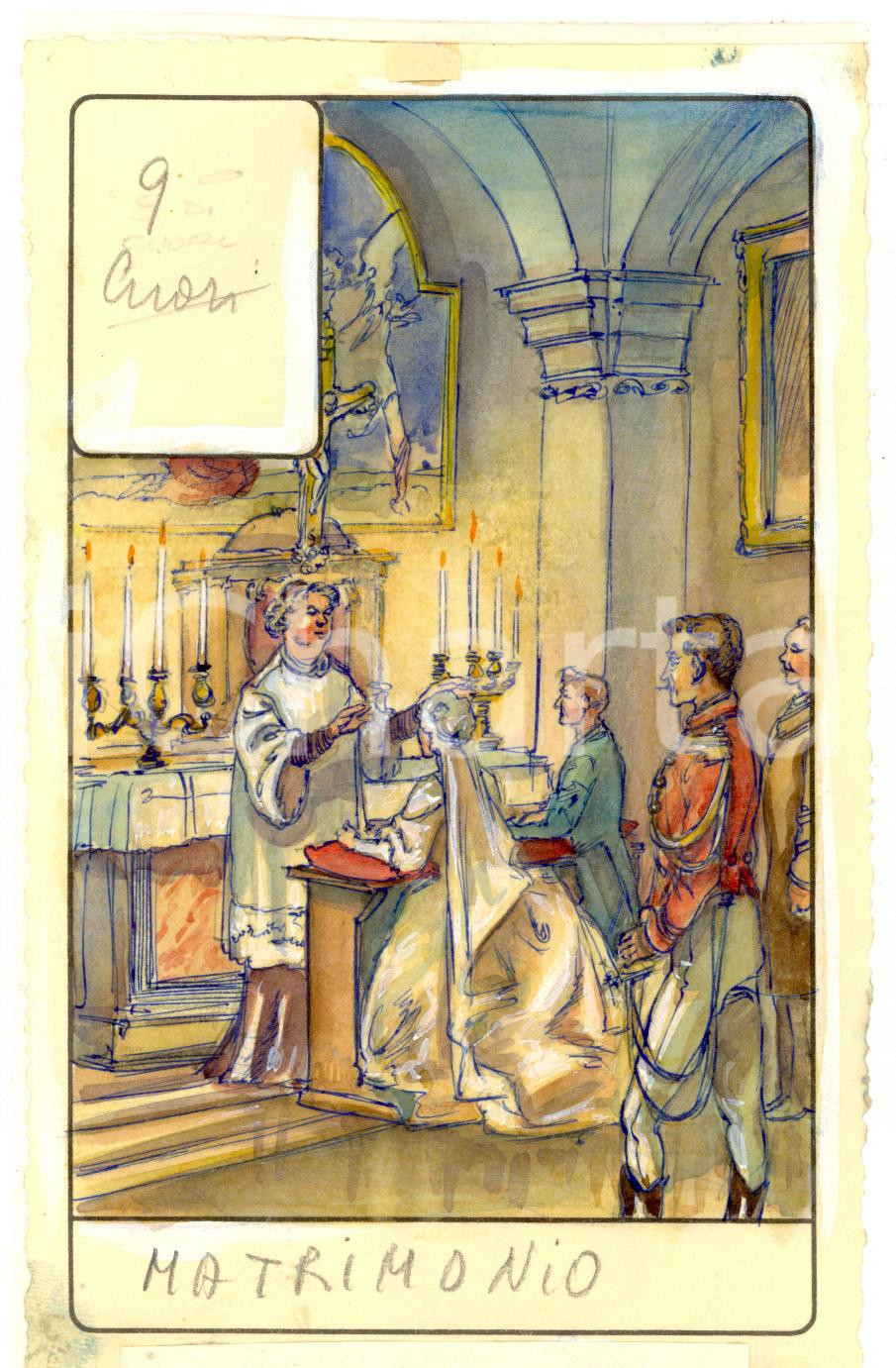 Stampa, bozzetto originale 1946 TAROCCHI Carta divinatoria originale olio su carta ENRICO SACCHI 9 cuori 1