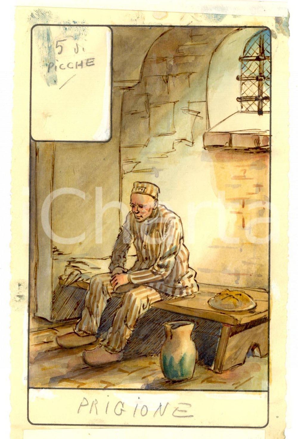 Stampa, bozzetto originale 1946 TAROCCHI Carta divinatoria originale olio su carta ENRICO SACCHI 5 picche 1