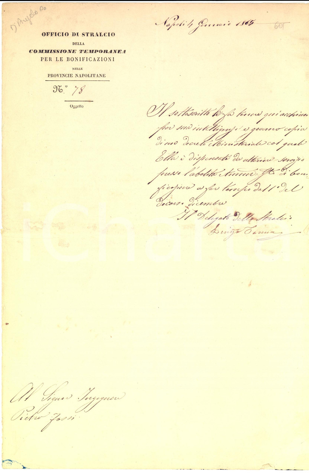 Documento originale, autentico 1865 NAPOLI Dispensa ing. Pietro FOSSI Amministrazione BONIFICHE 1