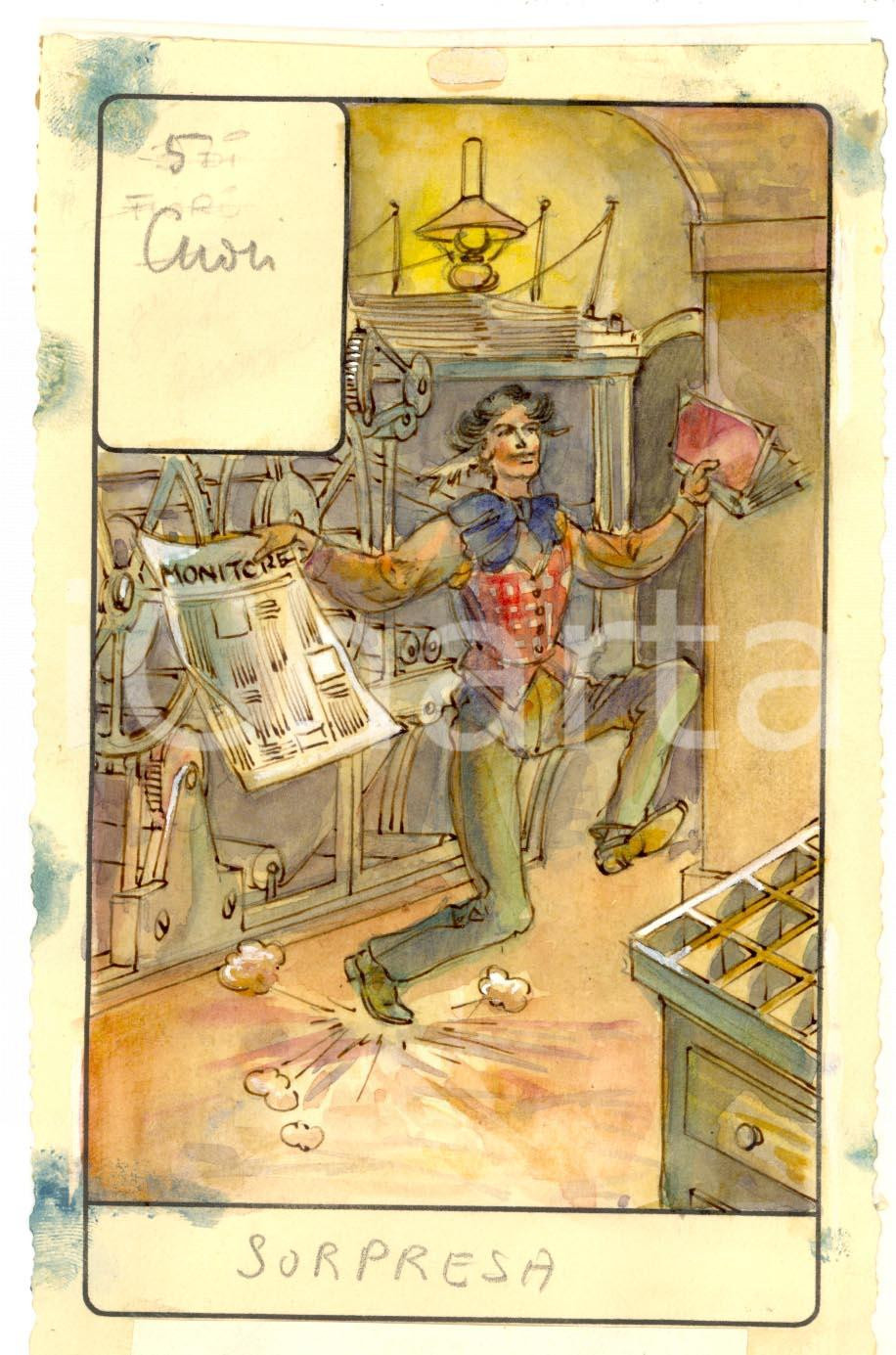 Stampa, bozzetto originale 1946 TAROCCHI Carta divinatoria originale olio su carta ENRICO SACCHI 5 cuori 1