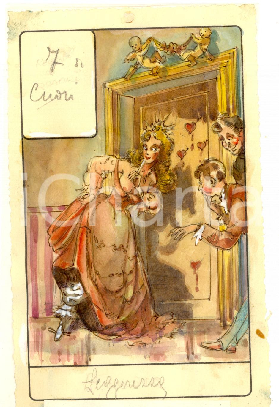 Stampa, bozzetto originale 1946 TAROCCHI Carta divinatoria originale olio su carta ENRICO SACCHI 7 cuori 1