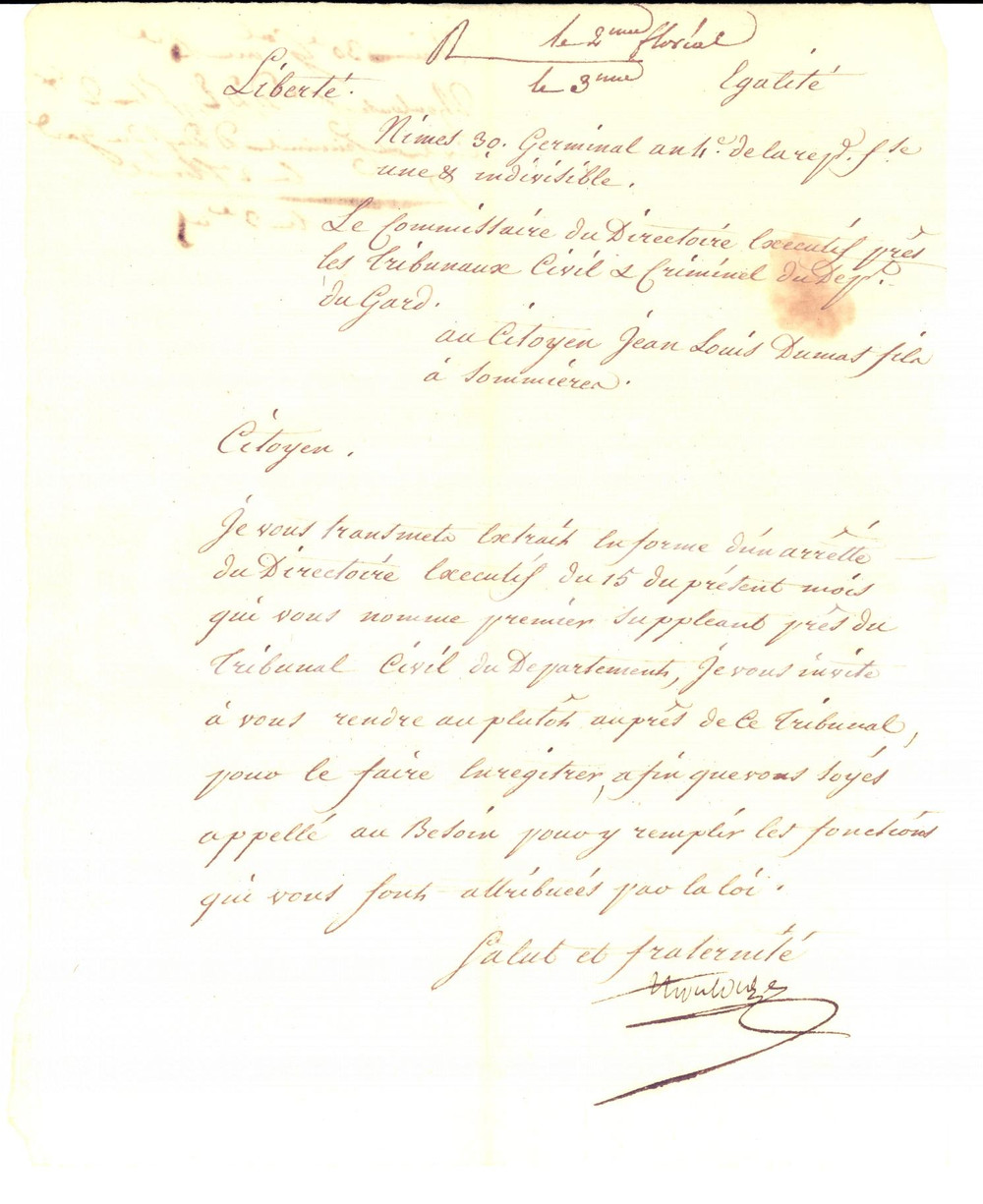Documento originale, autentico 1796 SOMMIERES F Jean Louis DUMAS fils suppléant Tribunal Civil Manuscrit 1