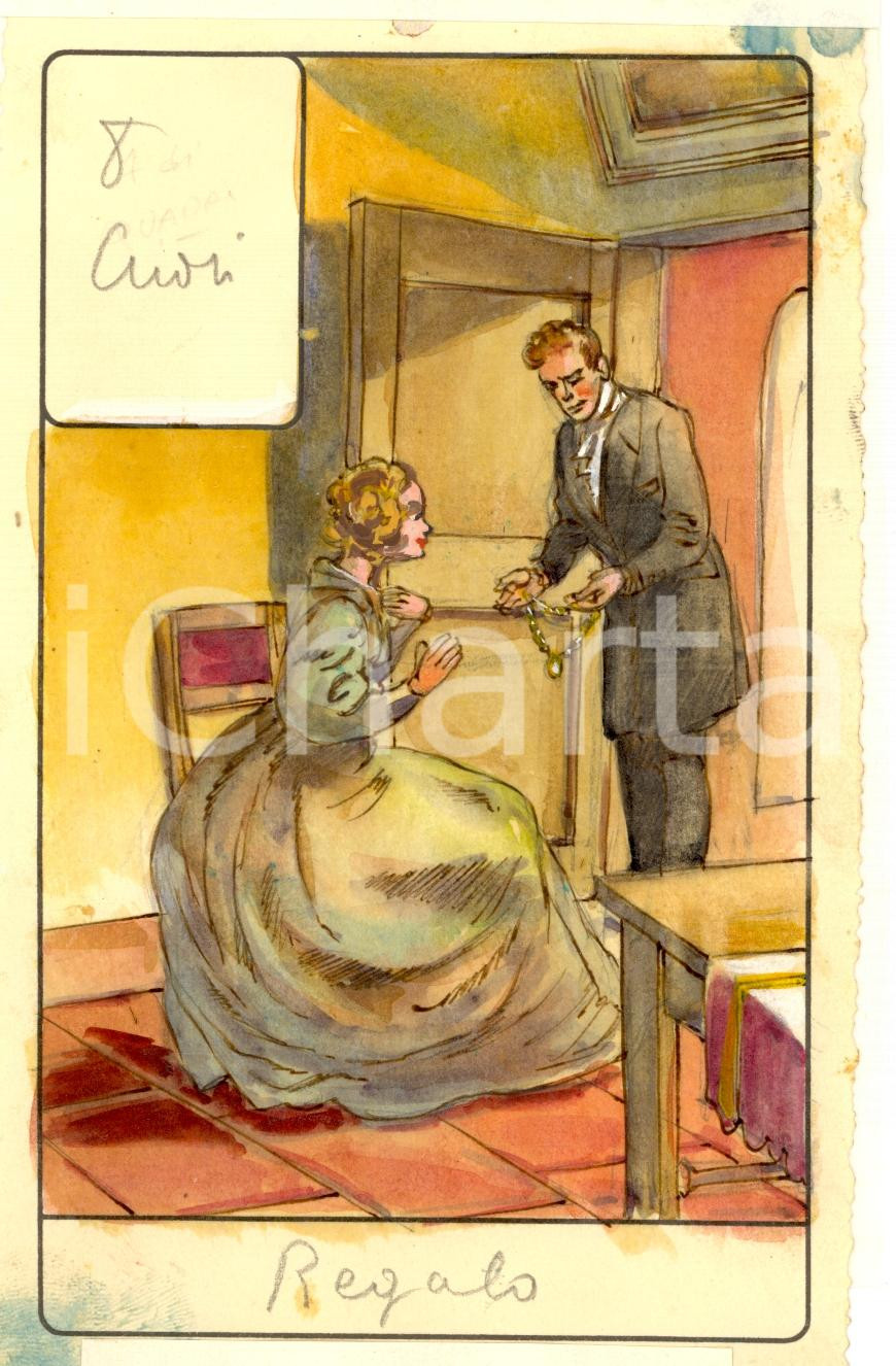 Stampa, bozzetto originale 1946 TAROCCHI Carta divinatoria originale olio su carta ENRICO SACCHI 8 cuori 1