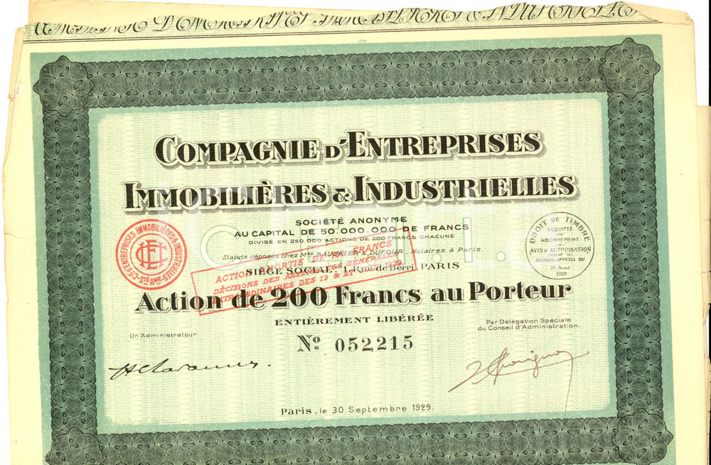 Oggetto da collezione cartaceo 1929 PARIS Azioni COMPAGNIE D ENTREPRISES Immobilieres & Industrielles 1