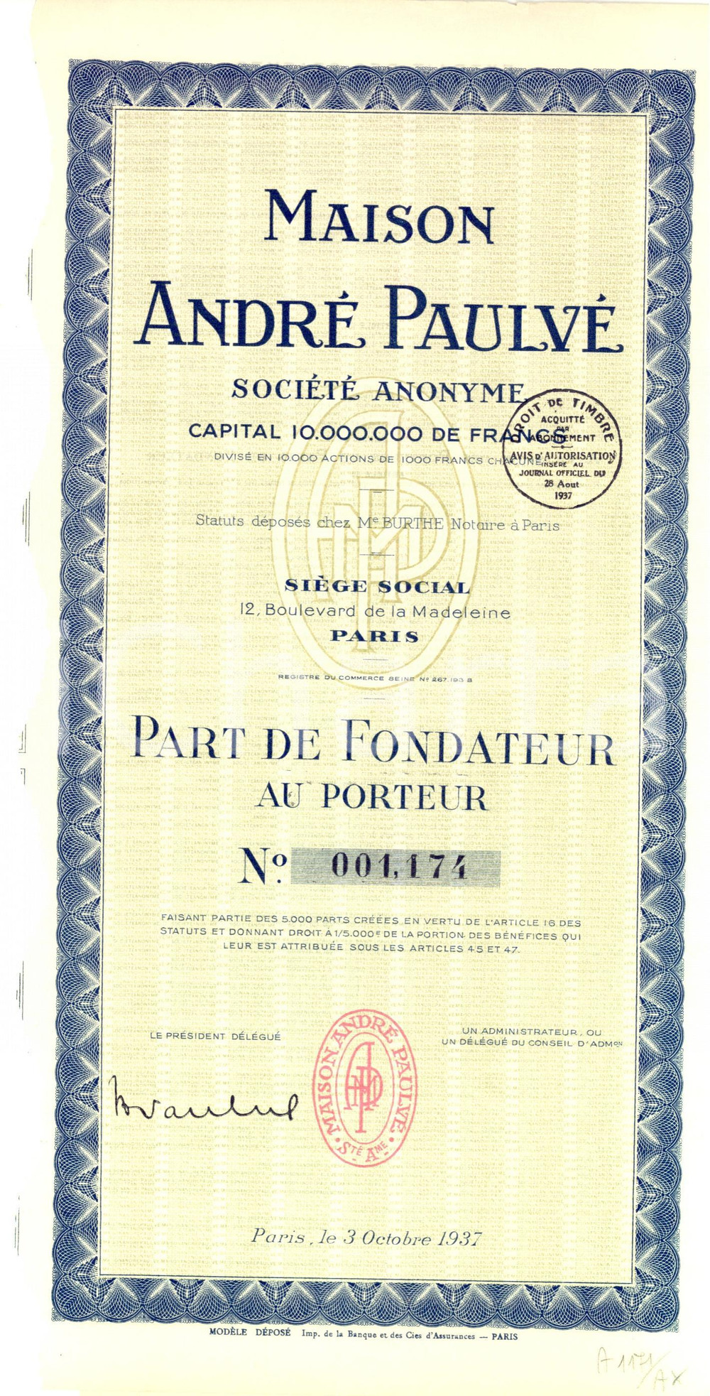 Oggetto da collezione cartaceo 1937 PARIS Certificato azionario Maison ANDRE  PAULVE 1
