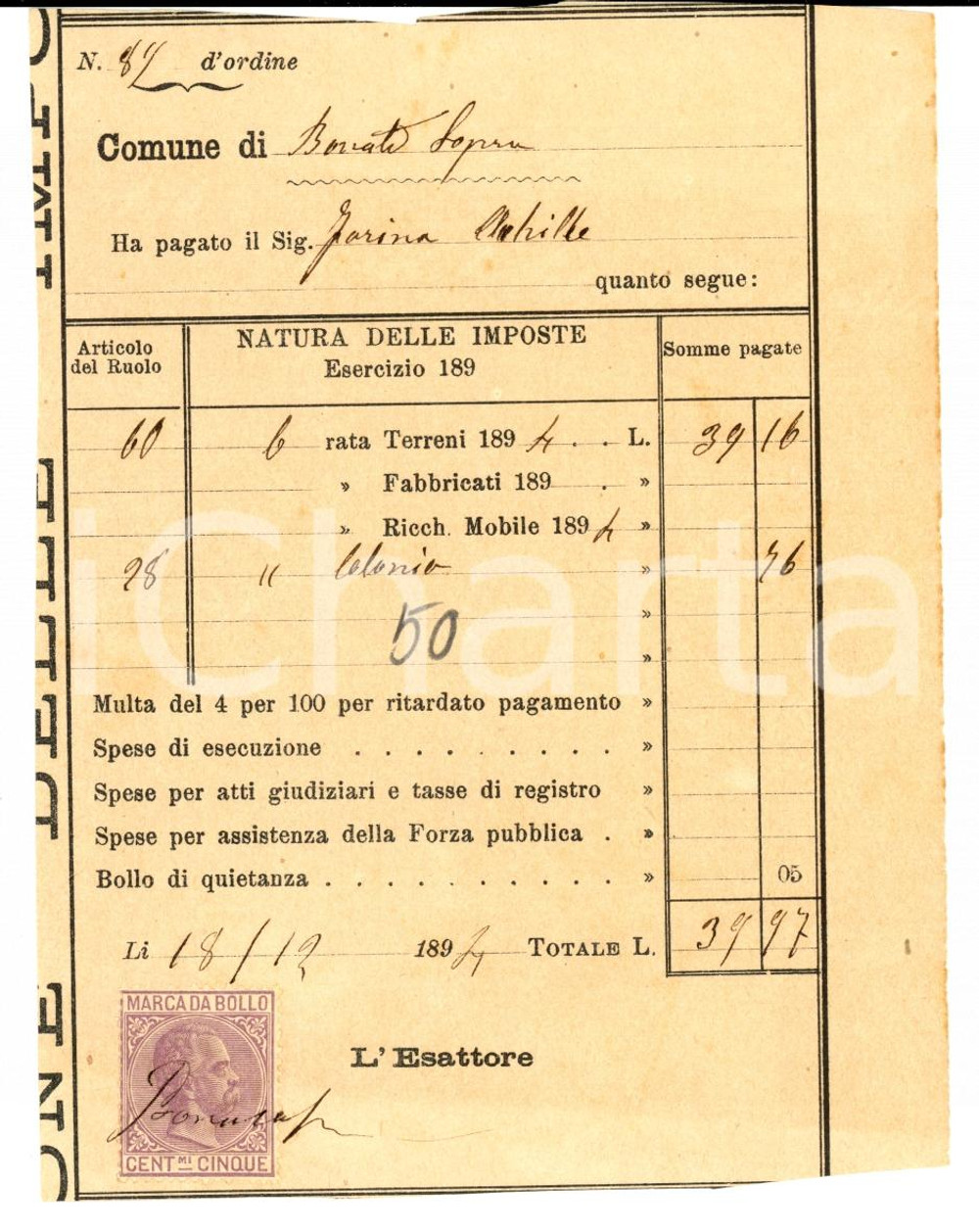 Documento originale, autentico 1894 BONATE SOPRA BG Censi su terreni di Achille FARINA 1