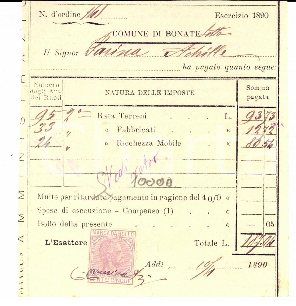 Documento originale, autentico 1890 BONATE SOTTO BG Censi su terreni di Achille FARINA 1