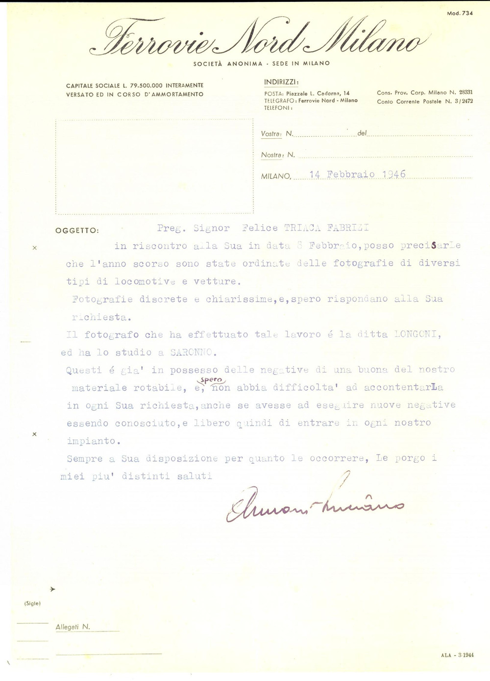 Manoscritto, lettera originale 1946 FERROVIE NORD MILANO Invio immagini per collezionisti Luciano ARMANI 1