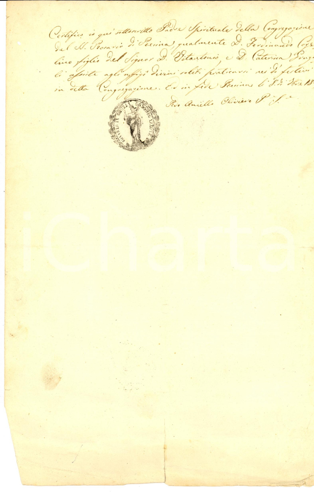 Documento originale, autentico 1850 ca ERCOLANO NA Don Ferdinando COZZOLINO alla Congregazione SS.MO ROSARIO 1