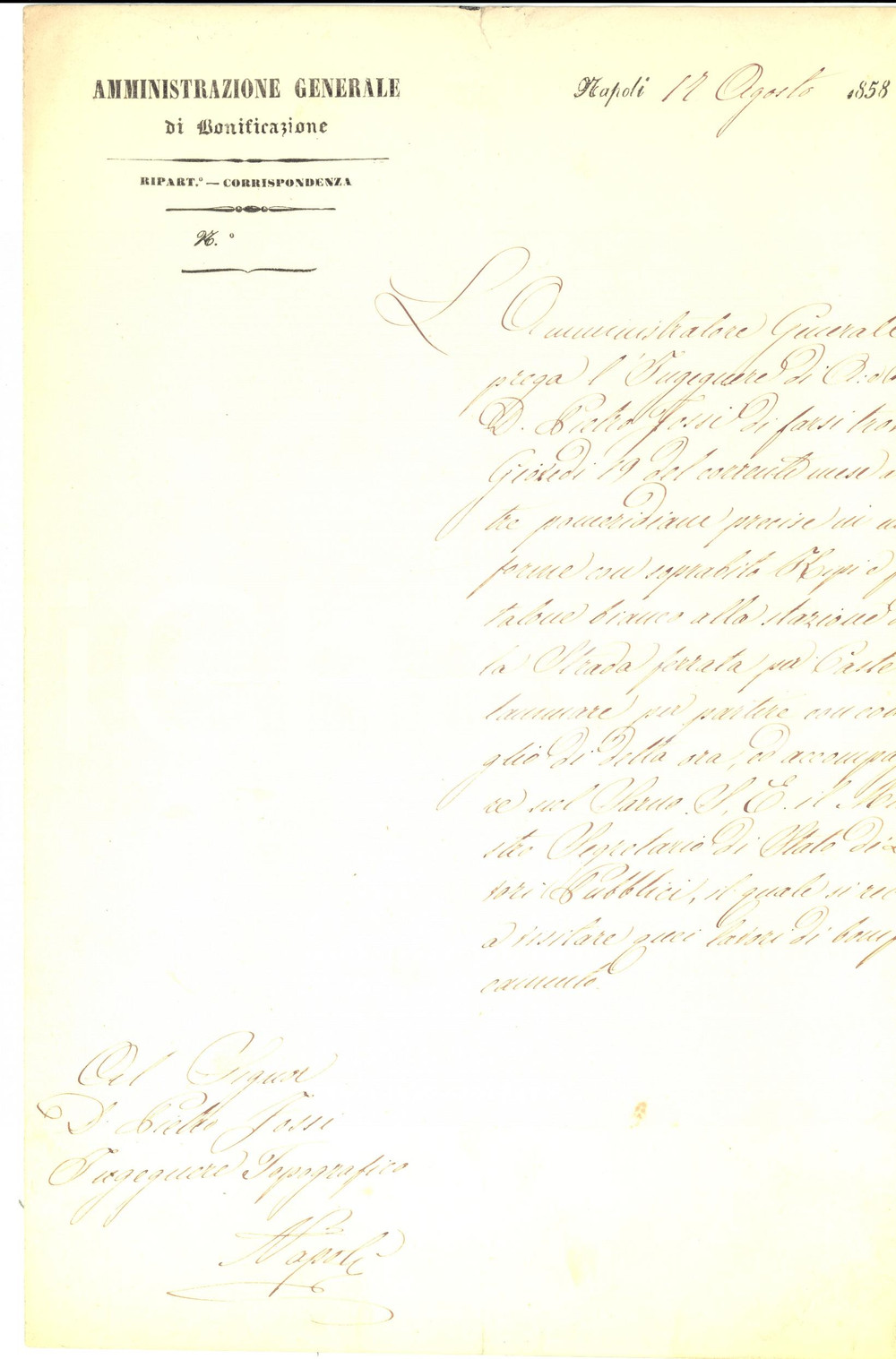 Documento originale, autentico 1858 NAPOLI Ispezione Ing. Pietro FOSSI in uniforme e pantalone bianco BONIFICHE 1