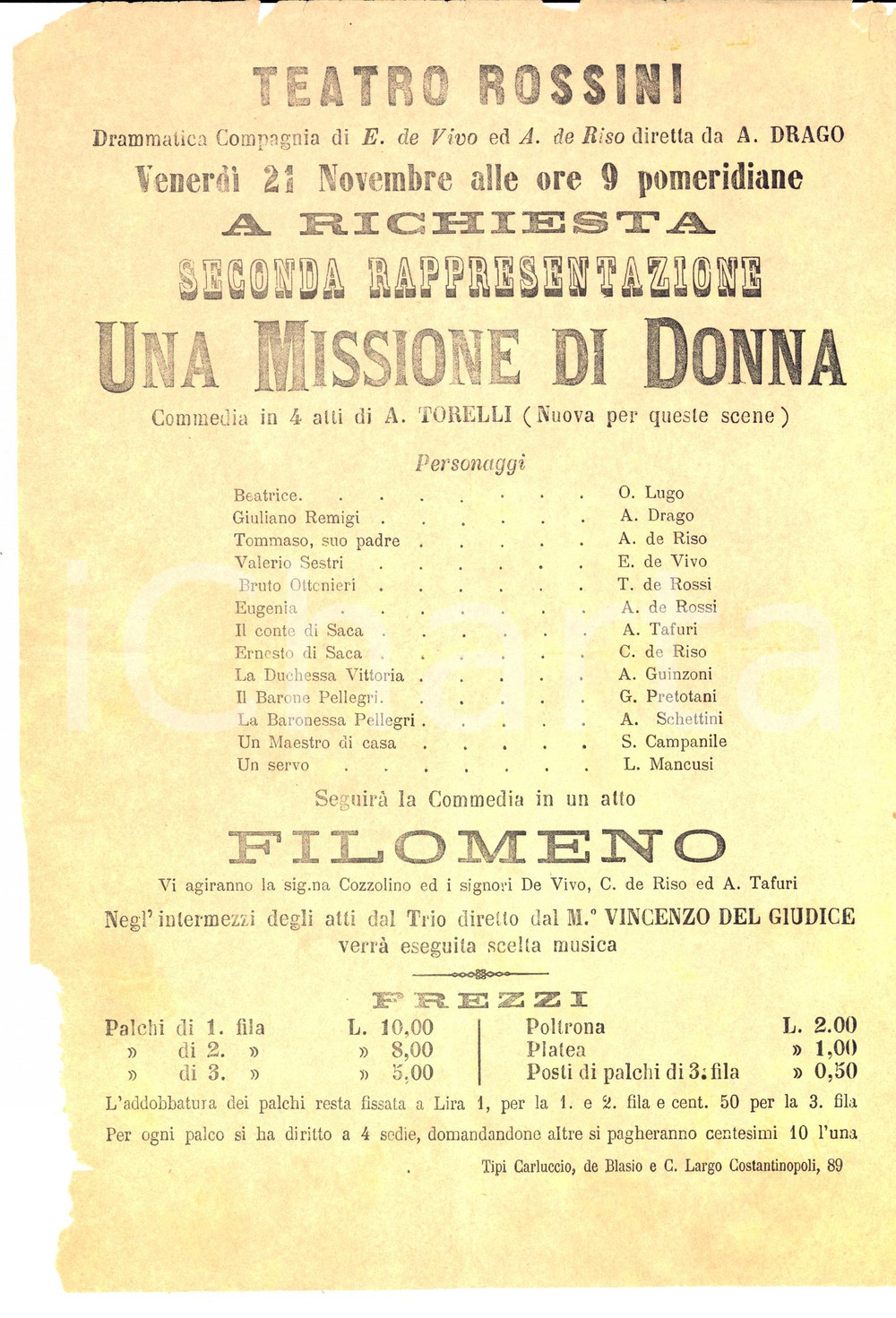 Materiale pubblicitario d’epoca 1865 NAPOLI TEATRO ROSSINI Locandina Achille TORELLI Una missione di donna 1